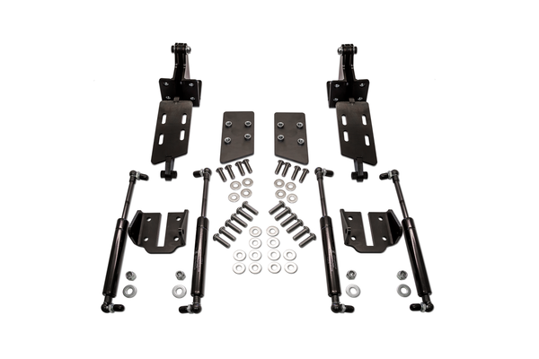 Fits: GM C-10 Truck & Suburban 1967, 1968, 1969, 1970, 1971, 1972

Includes: Cowl Mounted Hood Hinge Kit (pair), Weld On Hood Mounting Brackets (pair), Gas Assist Struts (4), Mounting Hardware

When Removing The Factory Hood Hinges For Tire/Wheel Clearance You Will Need To Relocate Them. Switch Suspensions Cowl Mounted Heavy Duty Hood Hinges Will Support Your 67-72 C-10 Hood With 3/8" Thick Hinge Arms Pivoting On Oil Impregnated Bushings & High Strength Shoulder Bolts For Accurate & Smooth Operation. Weld On Hood Mounting Plates Come With Pressed In Lock Nuts For Hassle Free Hood Installation. Black Zinc Coated, Precision CNC Cut & Tig Welded HRPO Steel. Made In The USA.