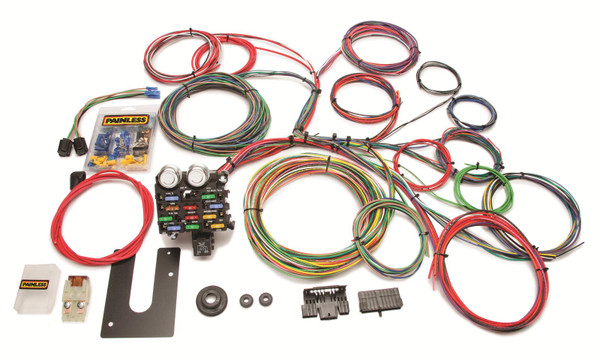 Painless Performance 21-circuit universal harnesses cover most basic wiring needs. GM column mounted harnesses include ignition switch plugs and turn signal switch plugs, preterminated and ready to install. They also have pre-wired plugs for the headlights and dimmer switch. The dash mounted units do not include the GM column mounted ignition switch plugs, but do include the GM column mounted turn signal switch plugs and terminals. They are not intended for vehicles with additional electrical accessories, such as power windows, door locks, etc.
