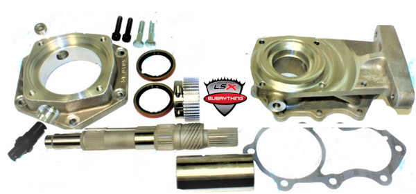 This adapter kit adapts either 2wd or 4wd late model 4L60E with removable bell housing to the GM NP205 with 10 spline male input. The adapter kit includes a two piece adapter assembly with VSS sensor, tone wheel, new short 4L60E main shaft, 27 x 10 spline coupler, oring, gasjets and fastening hardware. 

The 51-0405 adapter was designed to make this style of 4L60E look just like a 700R. By incorporating a new clamp-on reluctor ring and sensor on this adapter, a 40 pulse per output shaft revolution signal is generated for the drivetrain control module. This adapter kit comes with a new clamp-on reluctor ring that should be installed on the new 700R output shaft that is also part of this kit. This clamp-on reluctor ring clamps over the stock governor gear on the 700R output shaft. We have provided two reluctor sensor locations to choose from in the adapter. The hole not being used will need to be plugged with the plug provided. 

The one piece GM 700R4 output shaft used in this kit is made out of 4340 alloy steel. This output shaft is manufactured with the highest quality materials and standards as the OEM output shaft. 
