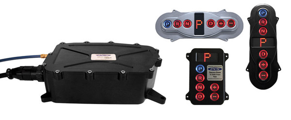 The GSM Push Button Shifter is an electronically controlled shifter that replaces the shift lever and offers precise, split-second shifting capability with the push of a button. The GSM was designed and is well suited for a variety of markets including automotive, military and agricultural and works with nearly any automatic transmission.

Its slim touch pad control module and compact, sealed actuator give you virtually unlimited mounting options for tight spaces and grueling environments. The GSM control module can be surface or flush-mounted and is small enough to fit consoles, dashes, door panels or even armrests. An easy to read display shows the vehicle's current gear and each button is recessed to avoid inadvertent touches and brightly backlit for all environments.

The GSM monitors vehicle speed and brake switch status to ensure the vehicle is slowed to a safe speed and the brake is pressed to prevent inadvertent shift in or out of Park, or into Reverse while moving forward. The GSM has built-in contacts for neutral safety for simple wiring to the start circuit and reverse lights can be controlled from the GSM's reverse circuit contacts.

Installation kits are available for most common transmissions and should be ordered with your GSM. An electronic vehicle speed signal is required and mechanical to electric speed signal generators are available for GM and Ford cable driven speedometers.