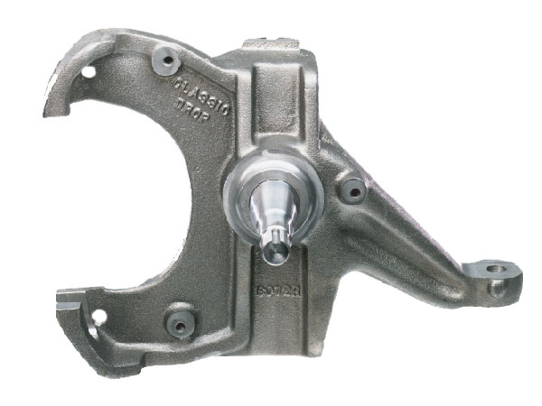 Upgrade your front drums to disc brakes, and get an additional 2" of lowering at the same time. When combined with drop-springs,will achieve a combined drop in inches. For example, a 2" drop spindle combined with a 2" drop spring will give you a 4" drop up front. Although this sounds like a lot, you have to consider your stock height, the size wheel that you are riding on and your engine size.

Must convert from original drum brakes to disc brakes.
Uses your original style ball joints.
Use with heavy duty disc brakes (1 1/4” thick rotors)