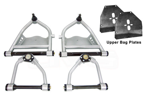 Upper control arm for 63-87 GM ½ ton 2WD. This fully TIG welded control arm features precision CNC machined ball joint cup, zerked D.O.M. bushing collars for the polyurethane bushings and Moog Ball Joints. These arms use 1dia. D.O.M tubing for the connecting pieces. Control arms also feature a powder coated finish. 

Lower control arm for 63-87 GM ½ ton 2WD. This TIG welded control arm features seamless 1 ½ D.O.M. tubing, CNC machined ball joint cup, and precision laser cut ¼? brackets, grease zerks for the polyurethane bushings and Moog Ball Joints. Control arms also feature a powder coated finish
