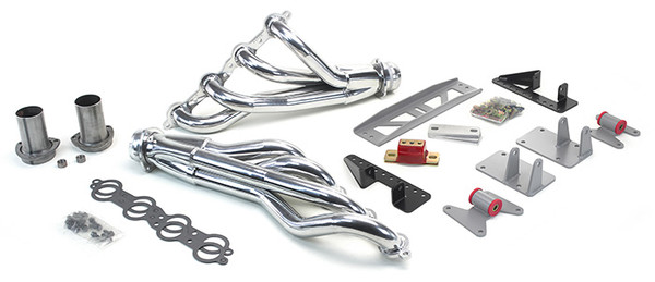 1958-64 B-Body LS Conversion Kit
This swap kit is for the 1958-1964 Impala, Biscayne, Bel Air and Delray. It was designed around our F-body oil pan kit and our Sure-Fit crossmember. The frame brackets bolt into existing holes in the frame so you know the engine will have clearance for accessory drives, factory AC box, power brake booster, and aftermarket suspension components. Unlike others, our kit positions the engine so there is no steering interference and maintains the proper drive-line angle for smooth highway cruising. We offer our mid-length headers that give unparalleled performance and ground clearance. These combined parts offer an easy, strong, and clean installation of your LS engine.