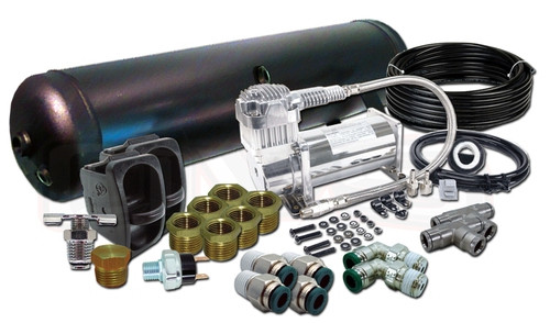 FRONT TO BACK MANUAL SETUP

(1) VIAIR 380C COMPRESSOR
(1) 5-GALLON 6-PORT TANK (BLACK OR SILVER)
(2) PNEUMATIC SWITCH AIR RIDE
(1) 50' OF 1/4" NYLON D.O.T. AIR LINE
(1) 200psi PRESSURE SWITCH
(2) 1/4" 3-WAY PLASTIC PUSH CONNECT TEE
(6) 1/2" x 1/4" REDUCING BUSHING
(2) 1/4" LINE x 1/4" PIPE MALE PLASTIC PUSH CONNECT ELBOW
(4) 1/4" x 1/4" MALE PLASTIC PUSH CONNECT STRAIGHT
(1) 1/4" PIPE DRAIN COCK
(1) 1/4" HEX PLUG
(1) WIRING KIT
(1) DUAL NEEDLE GAUGE WITH AIRLINE & FITTINGS

***IN ADDITION TO THE KIT ABOVE YOU'LL RECEIVE THE FOLLOWING ITEMS FOR FREE!!! $55 VALUE!!!***

(1) WATER TRAP WITH 1/4" PORTS (BLACK OR SILVER)
(1) 1/4" HEX NIPPLE
(1) COMPRESSOR MOUNTING PLATE