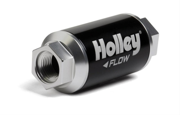 These Holley HP billet fuel filters are precision CNC-machined from 6061-T6 billet aluminum for maximum strength and durability. They feature a black bright dip anodized body and clear bright dip anodized ends for superior corrosion resistance and good looks. 

-8 AN O-ring Inlet, Female, -8 AN O-ring Inlet Outlet, Female. 10 Micron filter element included.

Filter Element Material:Stainless steel mesh

Filter Housing Material:Billet aluminum

Filter Housing Finish:Black/Clear anodized

Overall Length:5", Outside Diameter: 2"
