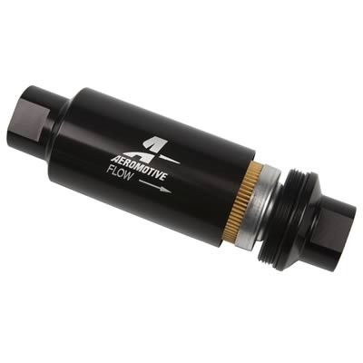 These Aeromotive fuel filters feature an advanced flow-through design to allow for steady fuel flow with less than a .15 psi pressure drop. Designed for carbureted or fuel injected engines from 200 to 3,000 hp, they're made from 6061-T651 aluminum alloy with the impeccable machining and finish you've come to expect from all Aeromotive components.

Inlet Size:-10 AN O-ring, female threads
10 Micron Filter included
Filter Element Material:Paper
Filter Housing Material:Aluminum
Filter Housing Finish:Black anodized
Overall Length: 5"
Outside Diameter: 2"
Maximum Fuel Pressure (psi):300
