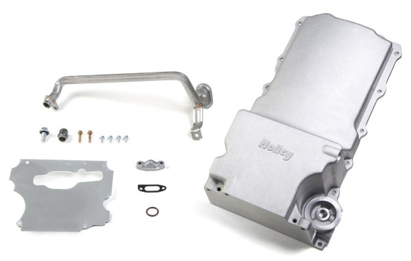 These Holley GM LS retrofit engine oil pans are designed to install an LS engine in a variety of GM musclecar and truck chassis. They provide OEM fitment, OEM oil filter mounting, OEM oil cooler port provision, OEM engine NVH suppression, OEM flange gasket and sealing, proper structural rigidity, and OEM bellhousing attachments. The oil pans are manufactured from traditional high-quality cast aluminum and include a sump baffle, oil pump pickup tube, sump plug, oil filter stud, and oil passage cover.