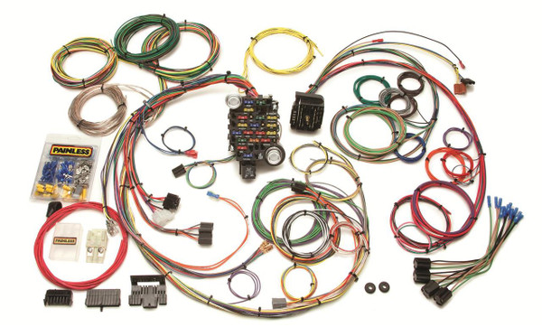 Painless Performance 25-Circuit 1969-74 GM muscle car harnesses feature a pre-wired factory style bulkhead connector that plugs directly into the back of the fuse block in the factory location. Factory original quick connect terminals are included for the in dash printed circuit board. Pre-terminated plugs for a column mounted ignition switch, dimmer switch, headlights & headlight switch, blower motor, wiper motor, and turn signal switch. Each wire is custom printed with the circuit identification as well as using GM color codes for easy installation.