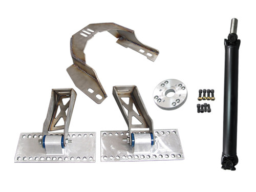 Engine Mounts + Transmission Mounts + Driveshaft + Aluminum Adapter Plate + Bolts

Motor / Transmission Mounts:
-Heavy Duty 7 Gauge (0.18") Thick Stainless Steel Panel, with Brace Offers Strong Support
-Adjustable Slotted Bolt Holes
-Polyurethane Bushing Mounts
-Patented Design of Aluminum Motor Mount Plate is Extruded Billet Aluminum, Excellent Strength
-Each Mount Holes is 1/2"" Apart, Can Move the Motor Forward and Backward by 1/2"" Increments