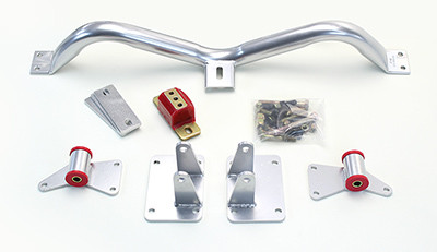 Mount and Crossmember Kit
Includes motor mounts, frame brackets, transmission crossmember, transmission mount, and hardware.  Manufactured from the highest grade American made steel. They're laser cut, precision bent, powder coated and feature polyurethane bushings.  Comes with a lifetime free replacement warranty on the bushings. 