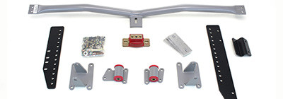 Mount and Crossmember Kit for (78-83) Malibu (78-87) El Camino & (81-87) Regal/Grand National.

Includes motor mounts, frame brackets, transmission crossmember, transmission mount, and hardware.  Manufactured from the highest grade American made steel. They're laser cut, precision bent, powder coated and feature polyurethane bushings.  Comes with a lifetime free replacement warranty on the bushings.