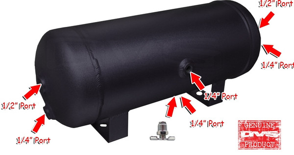 3-gallon aluminum tank with 6 ports, drain port and 200 PSI Gauge.

Approximately 18" x 7" with (4) 1/4” ports and (2) 1/2" ports.