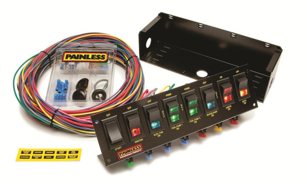 Painless Wiring switch panels clean up your dashboard wiring by putting all of your switches in one convenient, organized place.

#becauseracecar

Dimensions are 10.75" x 3.0" x 3.125"

Switch Panel Style:Roll cage mount
Number of Switches:8
Fused Circuits:Yes
Circuit Breaker Included:No
Lighted:Yes
Wiring Harness Included:Yes
Relay Included:No
Accessory Switch Style:Rocker switch
Starter Switch Included:Yes
Starter Switch Style:Momentary rocker
Switch Panel Material:Aluminum
Switch Panel Finish:Black painted