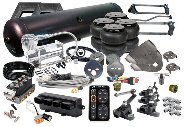 88-98 SILVERADO/SIERRA TRUCKS ACCUAIR e-LEVEL AUTO LEVELING SYSTEM

(4) EASYSTREET D2600 DOMINATOR BAG
(1) 88-98 CHEVY/GMC FULL SIZE TRUCKS FRONT BRACKETS
(1) UNIVERSAL REAR OVER AXLE BRACKETS
(1) 2" x 4" ONE PIECE NOTCH
(1) PARALLEL 4-LINK WITH PAN-HARD BAR
(1) 5-GALLON 6-PORT TANK (BLACK OR SILVER)
(1) ACCUAIR E-LEVEL CONTROLLER WITH *NICKEL* TOUCHPAD
(1) ACCUAIR SOLENOID VALVE
(1) VIAIR 444C COMPRESSOR
(1) 50' OF 3/8" NYLON REINFORCED D.O.T. APPROVED AIR LINE
(6) 3/8" LINE x 1/2" PIPE MALE PUSH CONNECT ELBOW
(1) 1/4" x 1/8" REDUCING BUSHING
(1) 1/4" HEX PLUG
(1) 1/4" PIPE DRAIN COCK