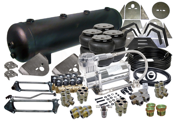 99-06 SILVERADO/SIERRA TRUCKS FRONT, BACK, SIDE TO SIDE SETUP ELECTRIC VALVES

(4) EASYSTREET D2600 DOMINATOR BAG
(1) 99-06 GM FRONT BRACKETS
(1) UNIVERSAL REAR OVER AXLE BRACKETS
(1) 8-PIECE NOTCH
(1) PARALLEL 4-LINK WITH PAN-HARD BAR
(1) VIAIR 380C COMPRESSOR
(1) 5-GALLON 9-PORT TANK (BLACK OR SILVER)
(1) 50' OF 3/8" NYLON D.O.T. AIR LINE
(8) AVS 250 PSI, 3/8" NPT VALVE WITH 15mm ORIFICE
(4) 3/8" STREET TEE
(4) 3/8" HEX NIPPLE
(4) 3/8" LINE x 3/8" PIPE MALE COMPRESSION STRAIGHT
(4) 3/8" LINE x 3/8" PIPE MALE COMPRESSION ELBOW
(4) 3/8" LINE x 1/2" PIPE MALE COMPRESSION ELBOW
(4) 3/8" LINE x 1/2" PIPE MALE COMPRESSION STRAIGHT
(1) 1/4" HEX PLUG
(2) 1/2" HEX PLUG
(1) 1/4" PIPE DRAIN COCK