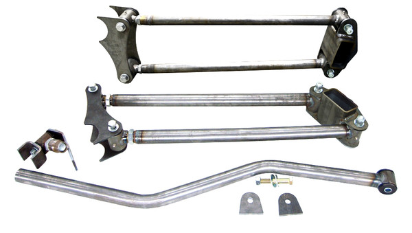 PARALLEL 4-LINK WITH PAN-HARD BAR (1.25" BARS)

In many applications, such as late model trucks, this configuration avoids interference between the upper bars and the OEM gas tank. The parallel 4 link is also slightly easier for the casual installer to visualize and install because there are fewer bar mounts to deal with... the frame brackets and axle brackets carry both upper and lower bars. (TIG weld)