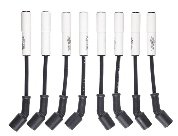 ACCEL Extreme 9000 Ceramic wires are the cure for burnt spark plug boots. Each wire is constructed of 8mm ultra-high temperature double silicone wire rated at 600°F that houses Ferro-Spiral core wire developed for performance use. The wires are finished with stainless steel spark plug terminals and ceramic spark plug boots that can withstand up to 2,000°F. ACCEL Extreme 9000 wires provide excellent energy delivery while providing the highest level of RFI/EMI suppression. ACCEL Extreme 9000 ceramic spark plug wire sets are ideal for custom engines, boats, and RVs and are great trackside accessories for when you need to make up a replacement wire. They're available straight or in right angle configurations.