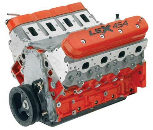 One of the most legendary engines in muscle car history is the Chevy 454Big-Block. With the LSX Bowtie block, GM Performance Parts engineers
were able to build a 21st century 454 with the latest technology – and it requires no more space under the hood than a production LS engine. It’s
perfect as the power plant for a late-model Camaro drag car or a high-tech retro-fit for a ’70 Chevelle pro-touring machine.

The LSX454 is filled with an all-forged, super-tough rotating assembly and features a pair of our new, deep-breathing LSX six-bolt cylinder heads. It
also comes dressed with great-looking, all-new orange powder-coated valve covers with engraved “LSX454” logos. GMPP delivers the LSX454 without an intake manifold and other accessories. With a carburetor and high-flow GM Performance Parts intake manifold, the LSX454 is good for about 620 horsepower and 600 lb-ft of torque —or about 580 hp and 600 lb-ft. with fuel injection.