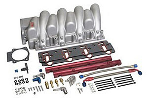 
The LS2 Typhoon has all the same features as the LS1/LS6 version and comes with a 96mm inlet opening. The complete manifold kit includes special intake gaskets with silicone sealing beads on both sides of the gasket, high volume fuel rails with stainless mounting brackets and stainless hardware along with a -6 AN stainless braided crossover hose and fittings. Additional fittings are supplied that allow connection to the stock fuel inlet line or you can plumb your own fuel line. The Typhoon Manifold for LS2 is designed with a larger volume plenum chamber, which is particularly suited to larger displacement engines but also works great on stock displacement motors. The manifold also features strategically placed nitrous bosses which can be tapped for nitrous nozzles if desired. The manifold has a very large bottom panel that allows easy access for any special porting work.