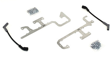 Our Coil Relocation Kit alleviates the problem of the rear coils hitting the power brake booster or air conditioning box when swapping the LS engines into early vehicles. The relocation brackets are laser cut from brushed stainless steel for a great clean appearance. It relocates the rear coil upwards to provide adequate clearance for power brake boosters and air conditioning. Each kit includes all necessary hardware along with one of our 12” high performance spark plug wires. Installation is easy, the brackets bolt to the valve cover using existing mounting holes on factory valve covers (as well as most aftermarket valve covers). 