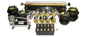 1- ViAir 444 Compressor, 1- 5 Gallon Chrome Multiport Tank, 8- 1 way 3/8” SMC Valves, 1- 200psi. Pressure Switch, 1- 10 Switch Pre-wired Box, 1- Single Needle Pressure Gauge, 4- Air Bags, All fittings and 60ft. Air Line.