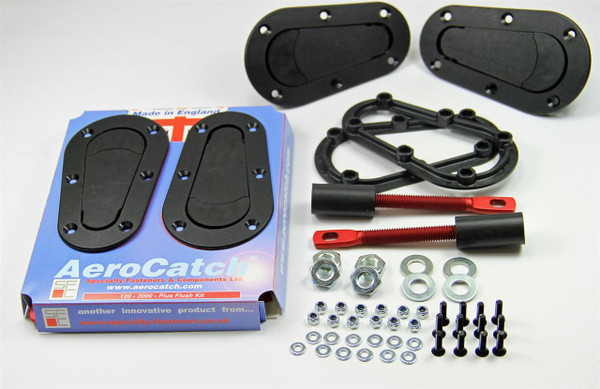 AeroCatch 120 Series Plus flush mount hood pin kits are lightweight, high strength, glass-reinforced thermoplastic housings that contain a hinged, spring-loaded stainless steel pin. The stainless steel pin engages with the included aluminum hood pin for a secure fit. These compact, aerodynamic assemblies are the perfect modern replacements for conventional hood pins, door latches, and more. The 120 series are designed to be fitted from above the panel and are provided with a cardboard template for the proper cutting and drilling dimensions. The hood pins kits include two thermal plastic AeroCatch bodies, two nut fixing plates, two red aluminum strikes, two rubber bump stops, fastener kit, and arrow sticker set. Keep your hood, trunk, tailgate, or bonnet shut at high speeds with a set of these AeroCatch 120 Series plus flush mount hood pins. They are available in locking or non-locking designs and come in your choice of black, or carbon fiber look finishes.
