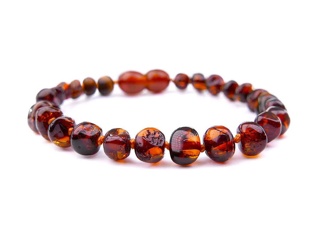 Dark cognac Baltic amber teething bracelet or anklet for children – genuine handcrafted jewellery London, UK 