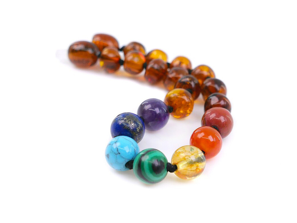 Baltic amber teething bracelet or anklet with chakra crystal stones – handcrafted natural jewellery for children