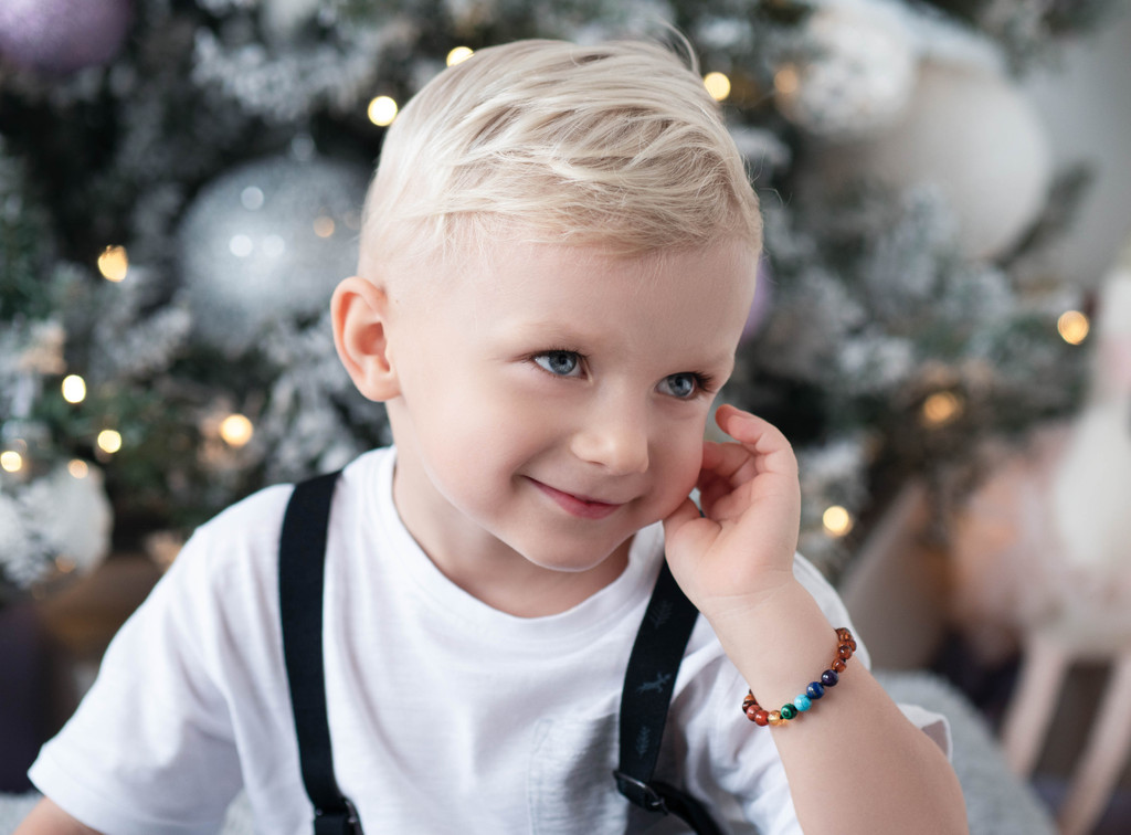 Baby amber teething bracelet or anklet with chakra beads – handcrafted natural jewellery