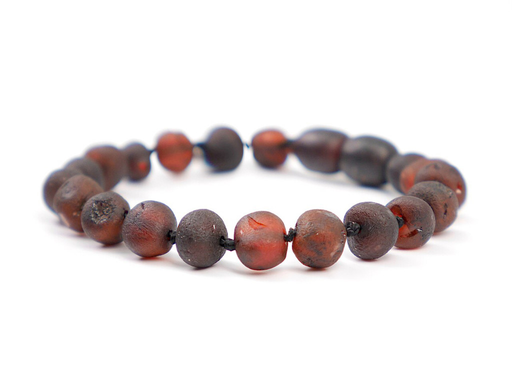 Dark cherry unpolished Baltic amber teething bracelet or anklet – handcrafted genuine jewellery for children in Great Britain 
