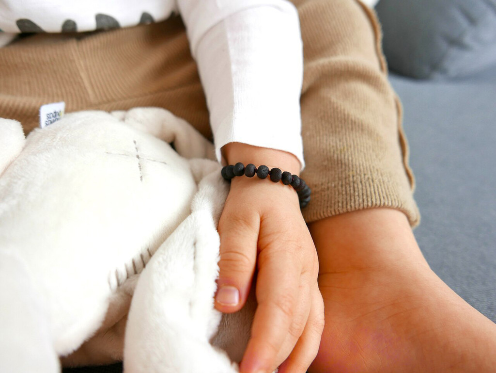 Dark cherry raw unpolished Baltic amber teething bracelet or anklet – handcrafted genuine children’s jewellery