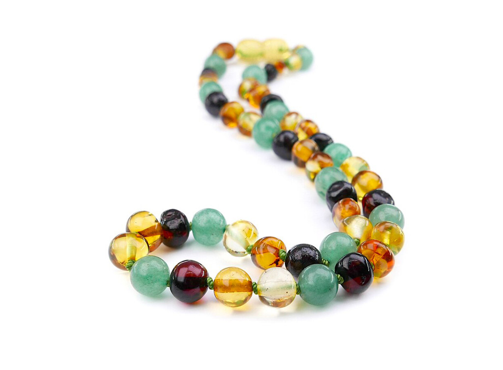 Amber teething necklace with Aventurine beads