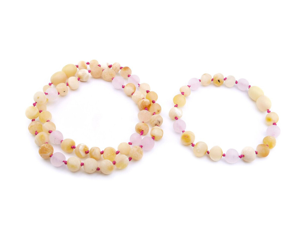 Unpolished butterscotch amber baroque bead teething necklace and coordinating bracelet shown together