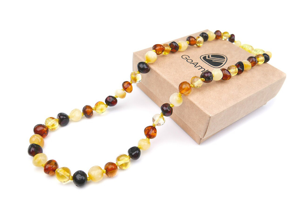 Amber teething necklace for baby with polished baroque beads