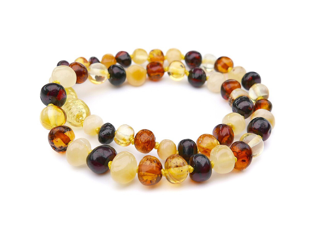 Handcrafted multicoloured polished Baltic amber teething necklace with individually knotted beads