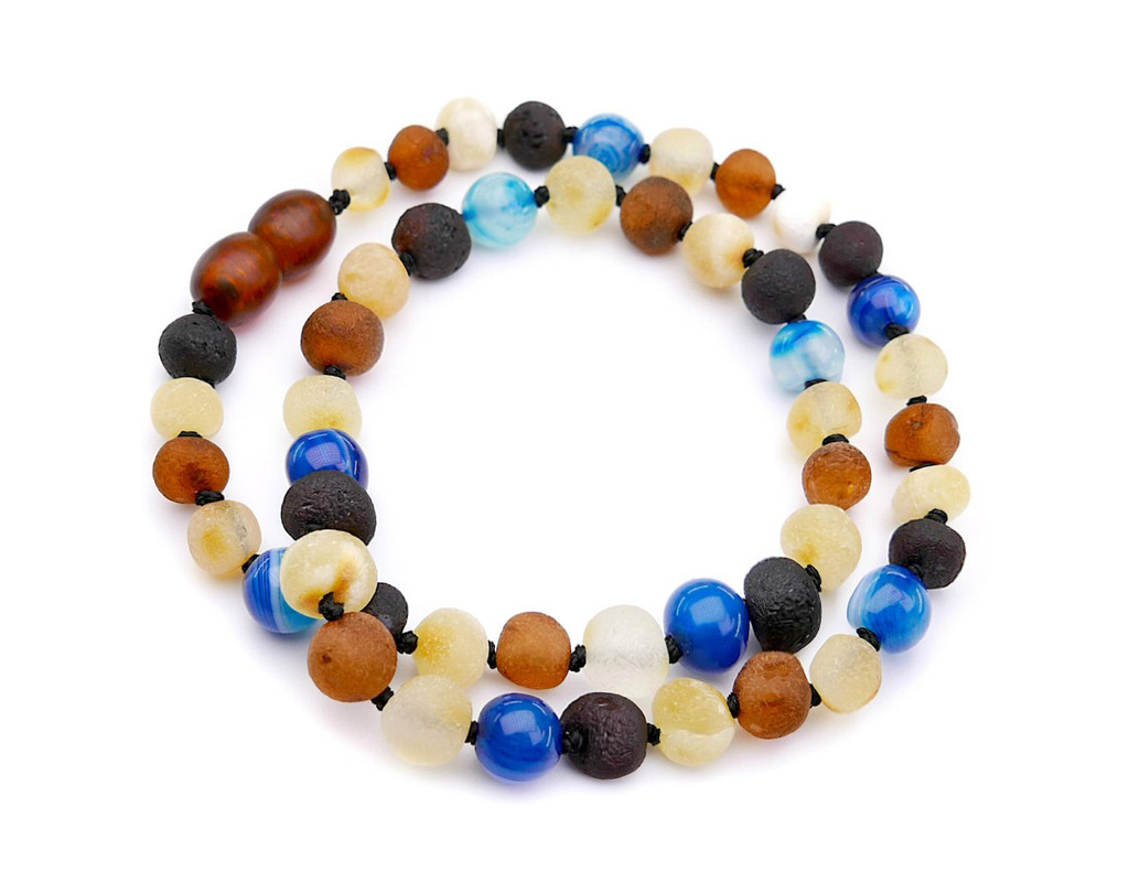 Multicoloured natural amber teething necklace for children made with raw nugget beads and blue agate