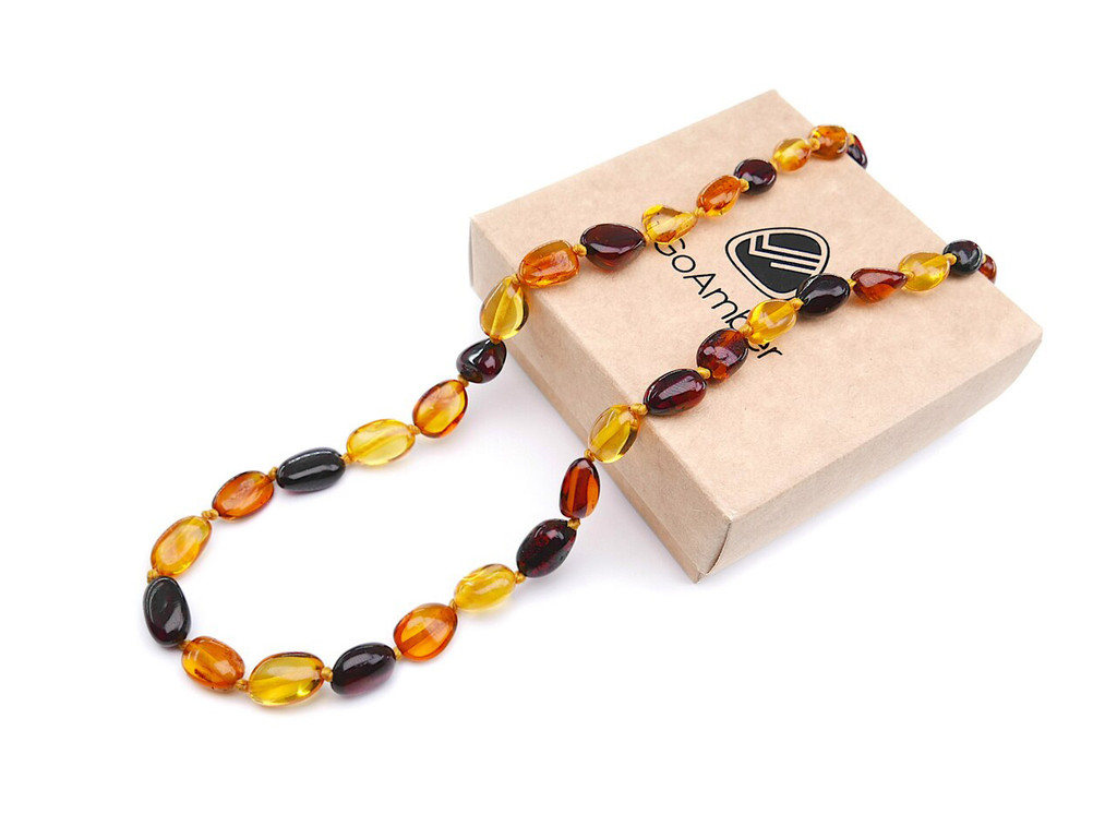 Polished clear olive Baltic amber teething necklace with individually knotted multicoloured beads 