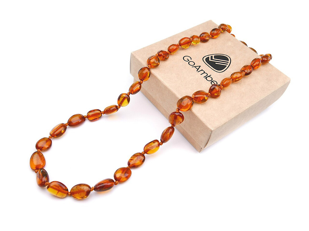 Cognac Baltic amber teething necklace for kids handmade with rounded polished beads