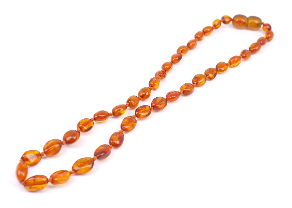 Lightweight polished cognac amber teething necklace handcrafted for kids