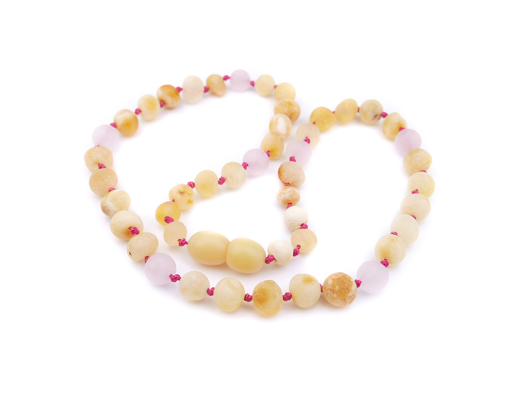 Earthy raw amber teething necklace with butterscotch nugget beads and matte rose quartz for children