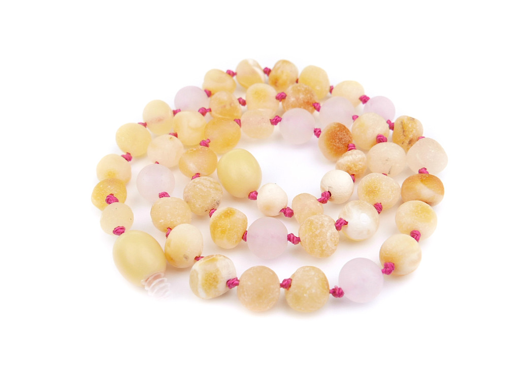 Certified Baltic amber teething necklace for kids with raw butterscotch beads and matte rose quartz highlights