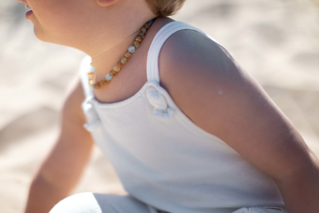 Aquamarine amber teething necklace