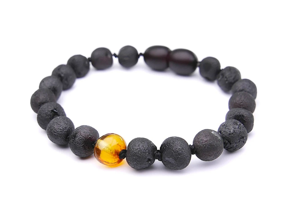 Black and dark cherry raw unworked Baltic amber teething beads bracelet – natural children’s jewellery
