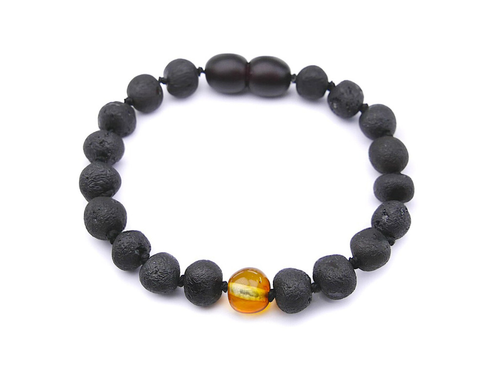 Authentic Baltic amber teething anklet with black and dark cherry beads – certificate included