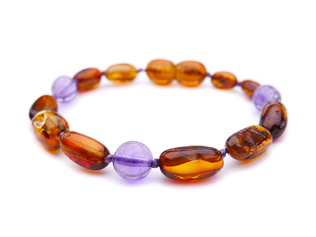 Genuine amethyst and Baltic amber teething anklet for kids – natural jewellery Dublin, Belfast, Cork, Cardiff, Swansea & Edinburgh