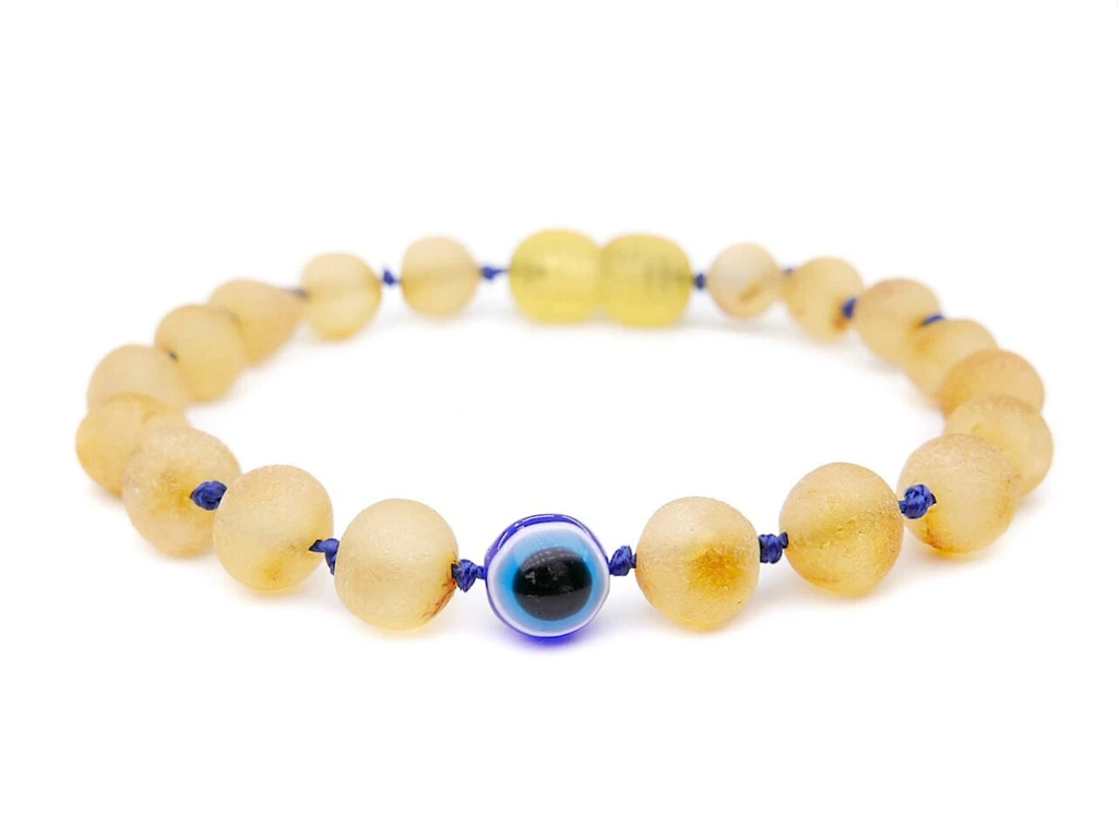 Evil Eye raw unpolished Baltic amber teething bracelet or anklet for baby, infant or toddler – handcrafted natural jewellery 