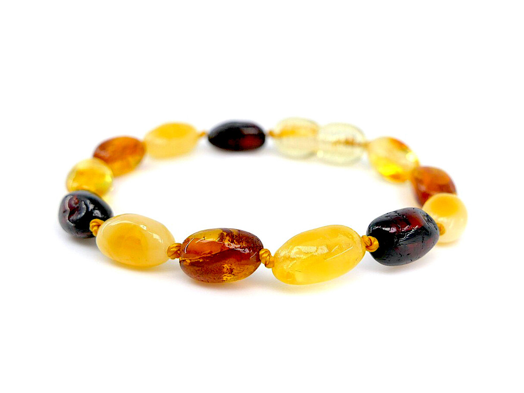 Olive multicoloured Baltic amber teething bracelet for toddler handcrafted genuine jewellery