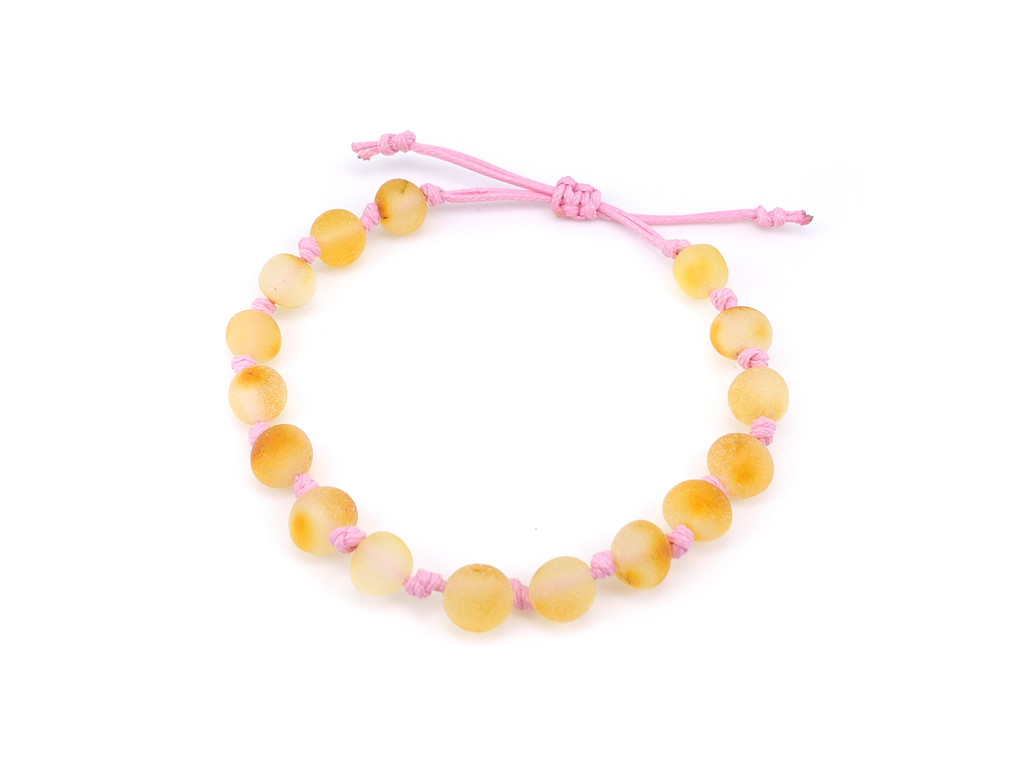 Lightweight handmade Baltic amber jewellery for teething with adjustable pink cord 