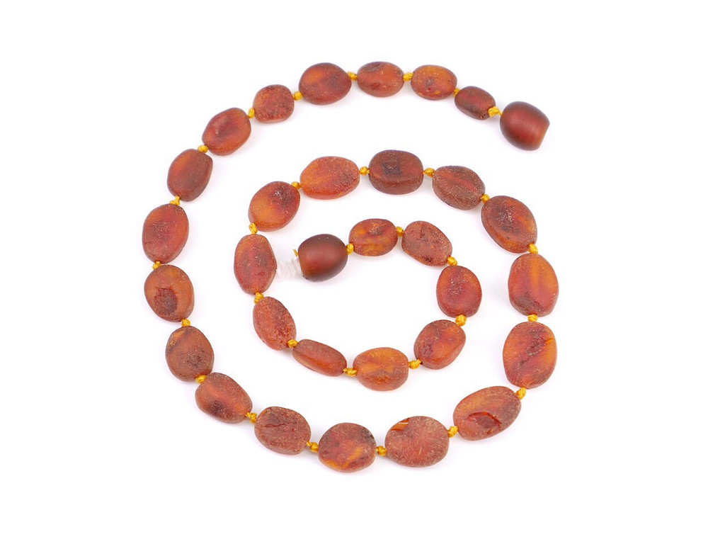 Olive-shaped raw cognac amber bead necklace handcrafted for teething