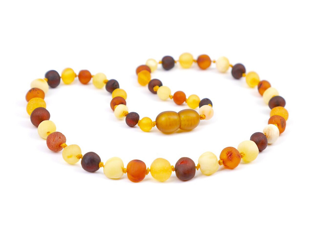 Natural multicoloured Baltic amber teething necklace with secure screw clasp